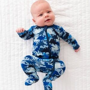 Macaron + Me Camo Dinosaur Navy Blue Bamboo Footie 0-3 3-6 6-9 months